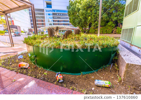 Yokohama cityscape in Japan, Yokohama Station West Exit. There is a sign saying "Littering is prohibited throughout the city..." but littering is rapidly increasing. 137610860
