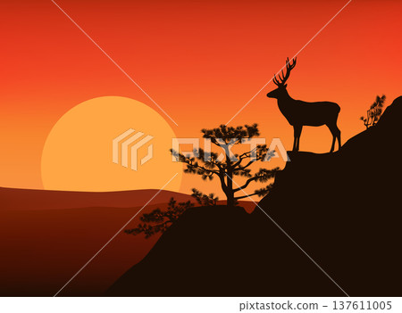 deer stag at mountain slope with pine trees vector silhouette sunset lanscape deer stag at mountain slope with pine trees vector silhouette sunset lanscape 137611005