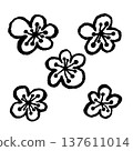 Plum Blossom Flower Set. Ink black hand drawn line illustration on white background. 137611014