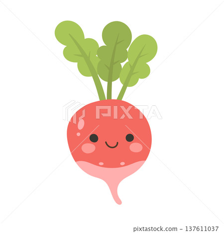 Happy radish cartoon vegetable with leaves, playful garden produce illustration for healthy nutrition articles, organic farming, fresh harvest and plant based food Happy radish cartoon vegetable with leaves, playful garden produce illustration for healthy nutrition articles, organic farming, fresh harvest and plant based food 137611037