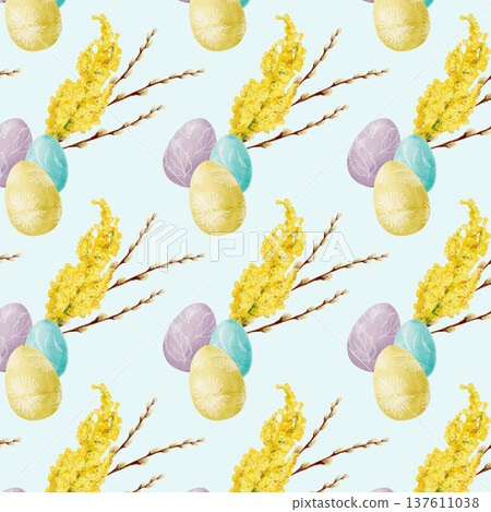 Easter watercolor seamless pattern. Easter eggs, willow and mimosa. Nice hand drawing for design and decor. Wrapping paper, textile. Easter watercolor seamless pattern. Easter eggs, willow and mimosa. Nice hand drawing for design and decor. Wrapping paper, textile. 137611038