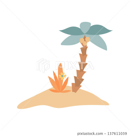 Tropical island illustration with palm tree, sand and flower, sunny beach paradise scene representing travel, summer vacation, ocean tourism and exotic relaxation Tropical island illustration with palm tree, sand and flower, sunny beach paradise scene representing travel, summer vacation, ocean tourism and exotic relaxation 137611039