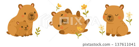 Cute capybara cartoon with baby animal and flowers, adorable wildlife illustration for nursery design, nature education, children storytelling and friendly animal graphics Cute capybara cartoon with baby animal and flowers, adorable wildlife illustration for nursery design, nature education, children storytelling and friendly animal graphics 137611041