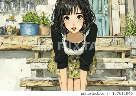 Illustration material of a smiling cafe clerk leaning forward and looking at you | A young woman in a floral apron Illustration material of a smiling cafe clerk leaning forward and looking at you | A young woman in a floral apron 137611046