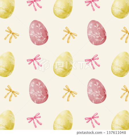 Watercolor Easter seamless pattern. Pink and yellow Easter eggs and bows. Cute hand-drawn pattern for design and decor. Wrapping paper, textiles. Watercolor Easter seamless pattern. Pink and yellow Easter eggs and bows. Cute hand-drawn pattern for design and decor. Wrapping paper, textiles. 137611048