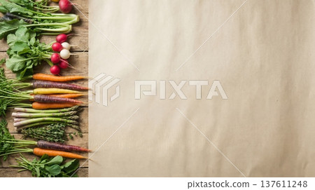 Fresh vegetables border on wooden table with copy space 137611248