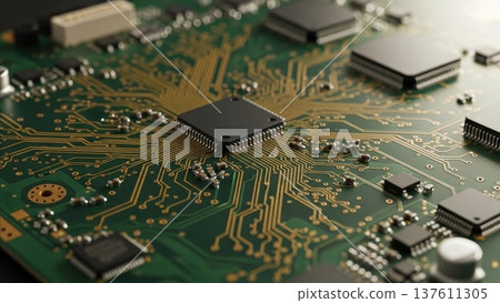 Green printed circuit board PCB with microprocessor chip capacitors resistors and golden copper traces closeup macro photography technology hardware electronics manufacturing 137611305