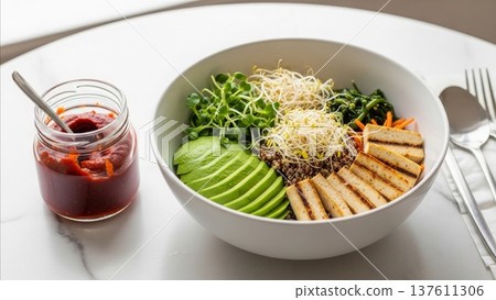 Healthy vegan buddha bowl with sliced avocado grilled tofu sprouts quinoa greens and berry jam on white plate 137611306