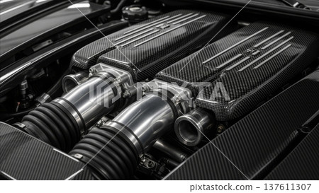 High performance car engine bay with carbon fiber intake manifold covers and polished aluminum turbo intercooler pipes detail 137611307