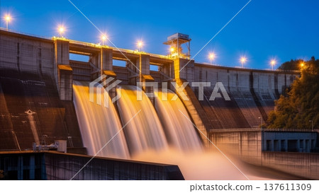 Hydroelectric dam spillway releasing water through three concrete gates at twilight with illuminated floodlights and blue hour sky 137611309