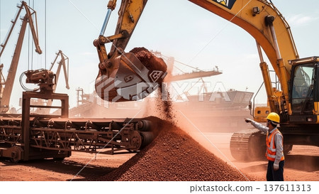 Industrial excavator loading iron ore pellets onto railway freight train at mining facility with safety worker supervising operations Industrial excavator loading iron ore pellets onto railway freight train at mining facility with safety worker supervising operations 137611313