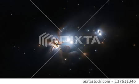 Bright stellar nebula with luminous blue and white gas clouds surrounding young hot stars in deep space astronomy photograph 137611340