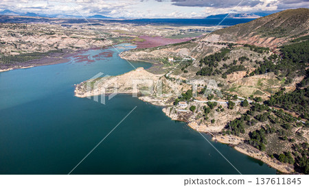 Embalse del Negratin. Aerial Drone High Resolution Shot. Ecotourism. Granada. Spain Embalse del Negratin. Aerial Drone High Resolution Shot. Ecotourism. Granada. Spain 137611845