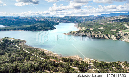 Embalse del Negratin. Aerial Drone High Resolution Shot. Hot Springs Granada. Spain Embalse del Negratin. Aerial Drone High Resolution Shot. Hot Springs Granada. Spain 137611860