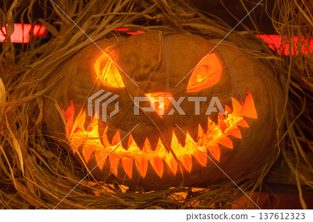 Pumpkin head smiles evilly in a haystack, halloween symbol Pumpkin head smiles evilly in a haystack, halloween symbol 137612323