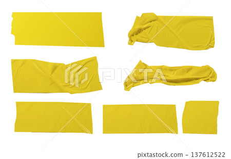 yellow adhesive tape strips, set on white background. Glossy plastic pieces with folds, creases, and yellow adhesive tape strips, set on white background. Glossy plastic pieces with folds, creases, and 137612522