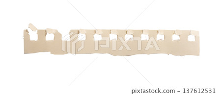 Beige torn paper strip with perforated notebook holes isolated on white background. Soft matte Beige torn paper strip with perforated notebook holes isolated on white background. Soft matte 137612531