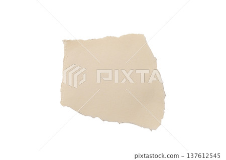 Clean beige torn paper piece isolated on white background. Soft matte garbage element with rough 137612545