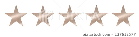 Five beige metallic rating stars isolated on white background. Row of filled five-point stars with Five beige metallic rating stars isolated on white background. Row of filled five-point stars with 137612577