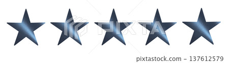 Five blue metallic rating stars isolated on white background. Row of filled star icons with glossy Five blue metallic rating stars isolated on white background. Row of filled star icons with glossy 137612579