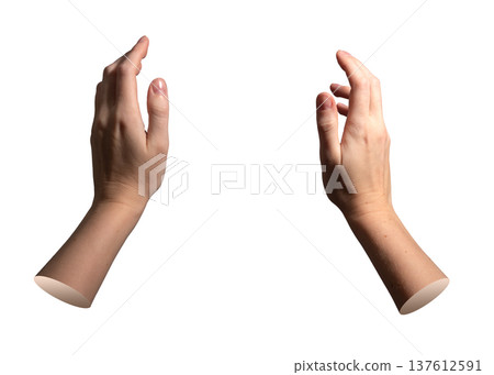 Hand gesture reaching out to hold, grab, or grasp in clear pose, isolated on white. Close up of Hand gesture reaching out to hold, grab, or grasp in clear pose, isolated on white. Close up of 137612591