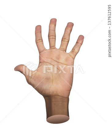 Hand gesture showing high five with open palm and fingers apart, raised up in clear pose, isolated 137612595