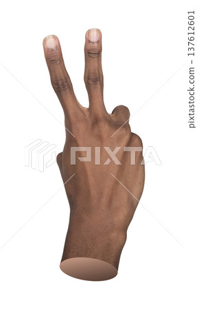 Hand gesture showing two fingers in V sign for victory and win, isolated on white. Close up. Hand gesture showing two fingers in V sign for victory and win, isolated on white. Close up. 137612601