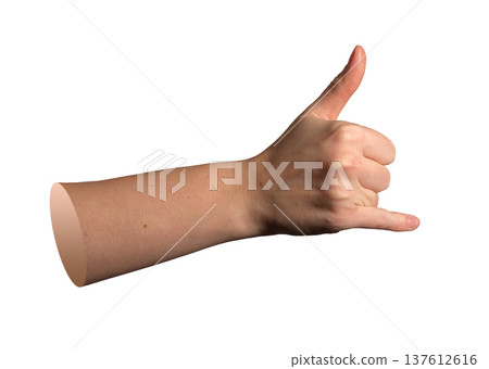 Hand shaka gesture with thumb and pinky stretched out in surfing signal, isolated on white Hand shaka gesture with thumb and pinky stretched out in surfing signal, isolated on white 137612616