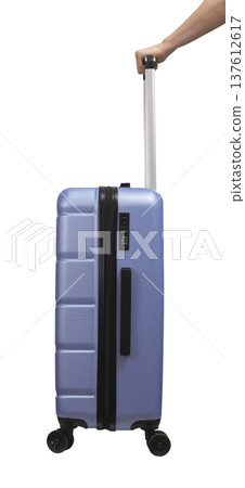 holding suitcase. Side view of four-wheeled blue and purple hardcase valise with telescopic handle, holding suitcase. Side view of four-wheeled blue and purple hardcase valise with telescopic handle, 137612617