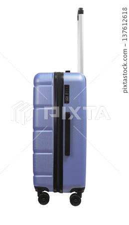 Suitcase side view. Large blue and purple hardshell carry-on with secure zipper and lock, Suitcase side view. Large blue and purple hardshell carry-on with secure zipper and lock, 137612618
