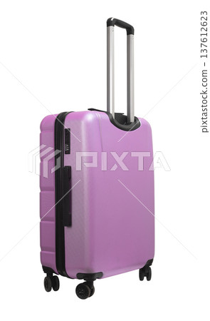 Suitcase. Pink hardcase baggage with telescopic handle, side grip, secure lock and zipper, isolated 137612623