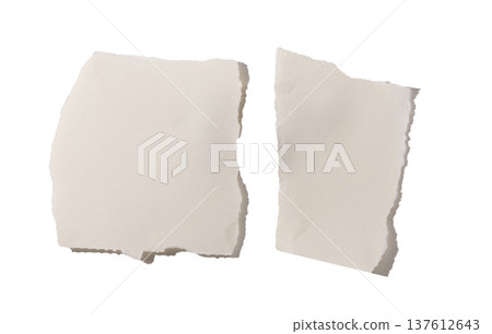 Two torn beige paper pieces isolated on white background. Soft textured surfaces with irregular Two torn beige paper pieces isolated on white background. Soft textured surfaces with irregular 137612643