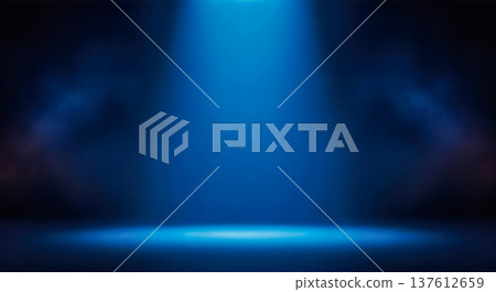 blue spotlight stage light beam dark studio room floor empty background rays show performance presentation neon glow theater shine abstract professional backdrop effect scene 137612659