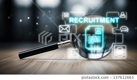 Magnifying glass focusing glowing blue recruitment document icon wooden table background, modern digital human resources job search candidate selection employment hiring concept 137612663