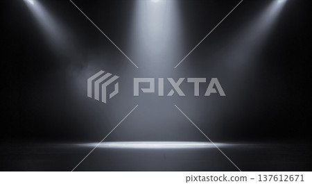 white spotlight stage light beam three rays dark studio room floor empty background performance presentation glow theater shine abstract professional backdrop effect scene focus spot 137612671