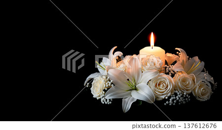 funeral condolence concept glowing warm candle white lilies roses floral wreath dark black background empty copy space mourning sorrow grief bereavement remembrance resting peace funeral condolence concept glowing warm candle white lilies roses floral wreath dark black background empty copy space mourning sorrow grief bereavement remembrance resting peace 137612676