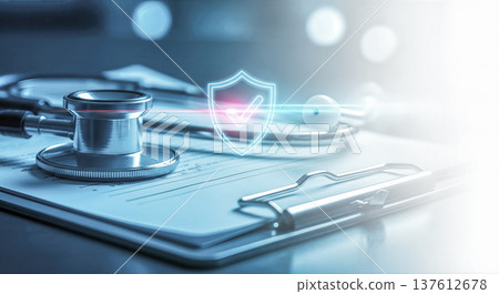 stethoscope medical clipboard glowing shield checkmark icon health insurance data protection privacy security safety clinic hospital healthcare system modern medical service concept stethoscope medical clipboard glowing shield checkmark icon health insurance data protection privacy security safety clinic hospital healthcare system modern medical service concept 137612678