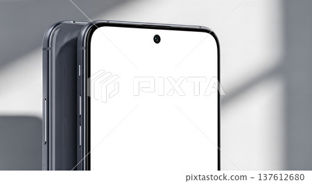 Modern smartphone with blank white screen standing on dark background under minimal lighting providing empty space for custom app design showcase presentation template Modern smartphone with blank white screen standing on dark background under minimal lighting providing empty space for custom app design showcase presentation template 137612680