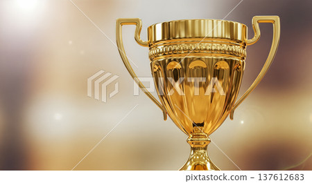 Shiny golden trophy cup standing against bright blurred background symbolizing ultimate business success sporting victory professional championship achievement competition top first place award 137612683