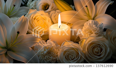 Glowing burning white candle standing among beautiful fresh white roses and lilies flowers creating warm romantic peaceful memorial atmosphere dark background elegant composition 137612690