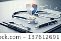 Glowing digital medical shield with cross hovering over stethoscope clipboard on desk representing healthcare insurance protection futuristic medical technology safety security concept 137612691