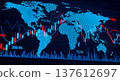 Global financial stock market trading chart showing blue world map with glowing candlestick graphs and numbers representing international business economy investment strategy 137612697