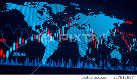 Global financial stock market trading chart showing blue world map with glowing candlestick graphs and numbers representing international business economy investment strategy 137612697
