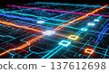 Abstract glowing digital circuit board background showing colorful neon light lines representing futuristic computing technology hardware microprocessor network internet data flow connection 137612698