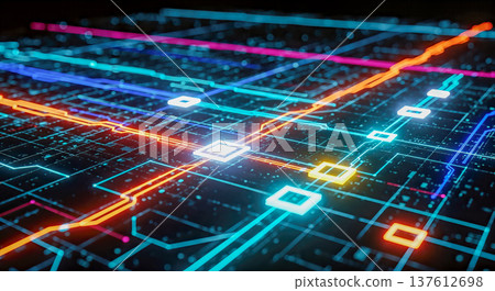 Abstract glowing digital circuit board background showing colorful neon light lines representing futuristic computing technology hardware microprocessor network internet data flow connection 137612698