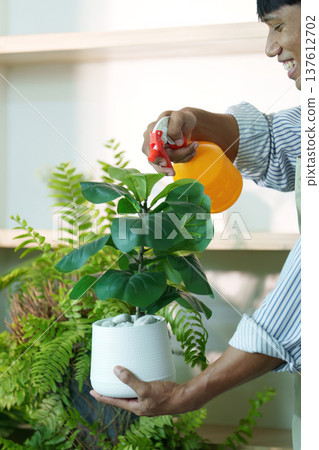 Sustainability in Action. A person watering a potted plant with a spray bottle indoors. Sustainability in Action. A person watering a potted plant with a spray bottle indoors. 137612702
