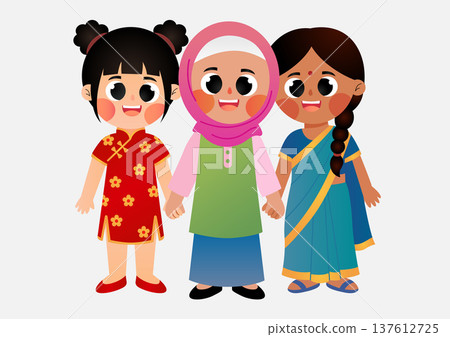Diverse Malaysian Girls in Ethnic Costumes Character Illustration 137612725