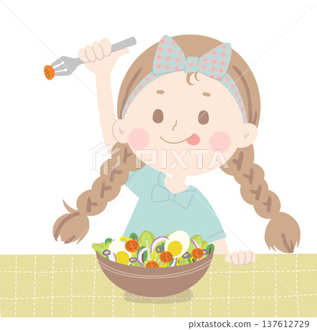 Illustration of a girl eating salad 137612729