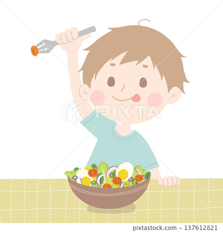 Illustration of a boy eating salad Illustration of a boy eating salad 137612821