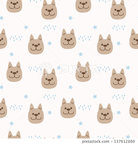 seamless minimal Cute Dog Face with Stars and Raindrops, Pastel Nursery repeat pattern background, flat jpg illustration graphic design 137612880